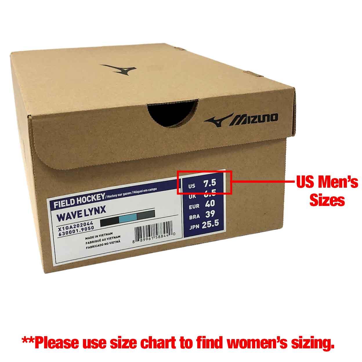 Shoebox showing men's sizing on the box. Use size chart to confirm women's sizes.