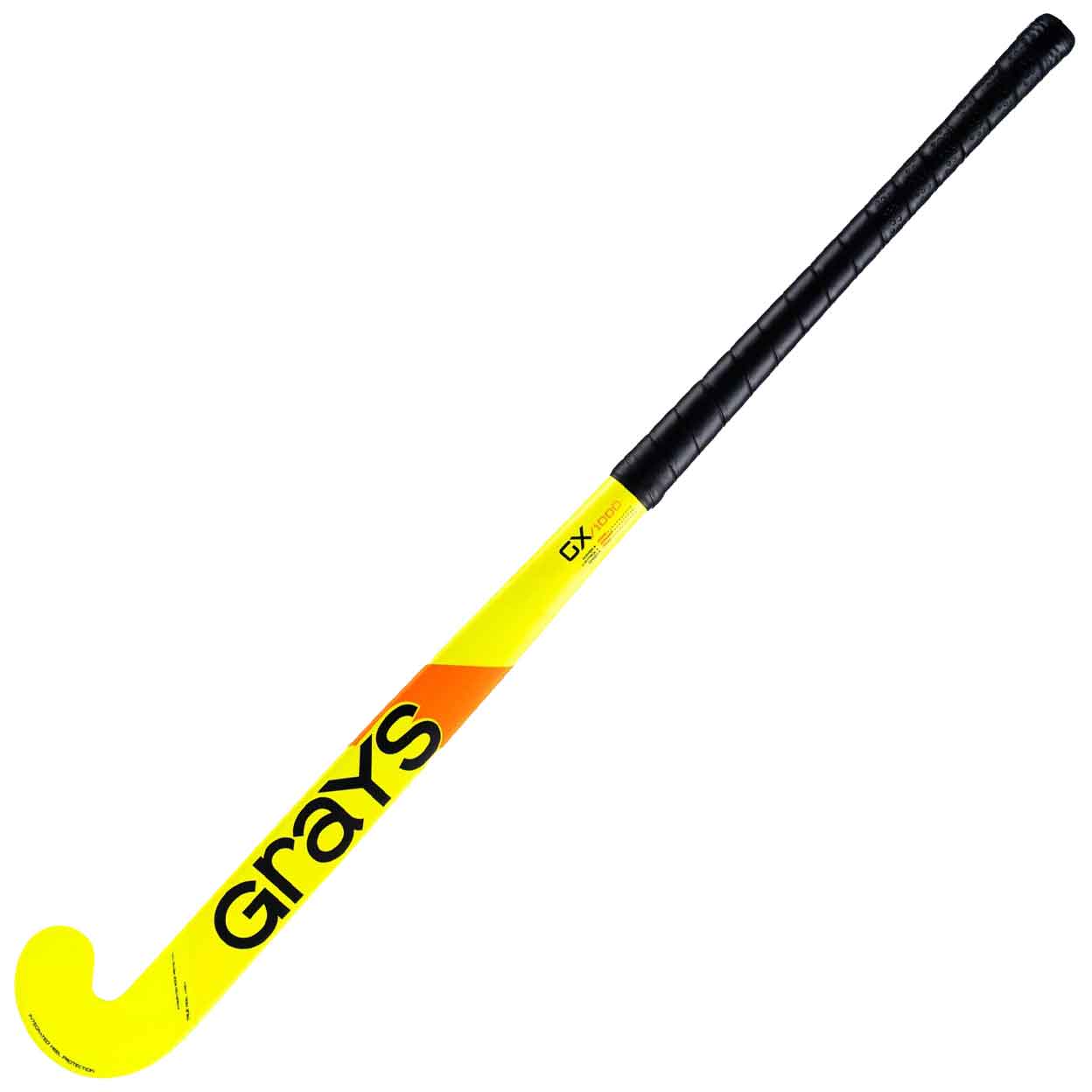 front of a yellow Grays GX1000 Ultrabow Composite Field Hockey Stick