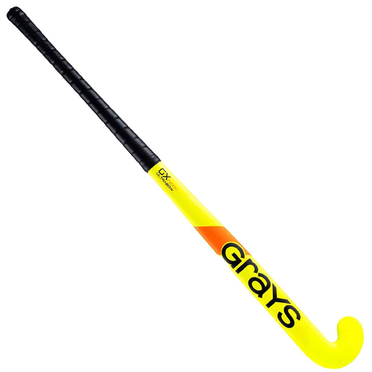 back of a yellow Grays GX1000 Ultrabow Composite Field Hockey Stick