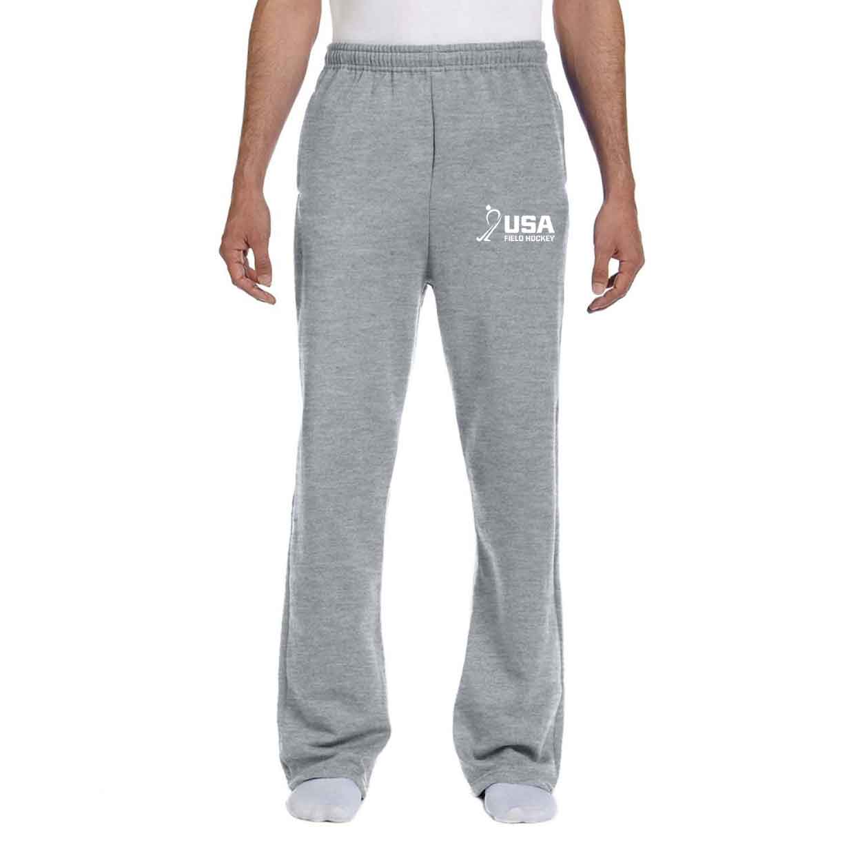 Front view of a model wearing the grey USA Field Hockey Unisex Open Bottom Sweatpants