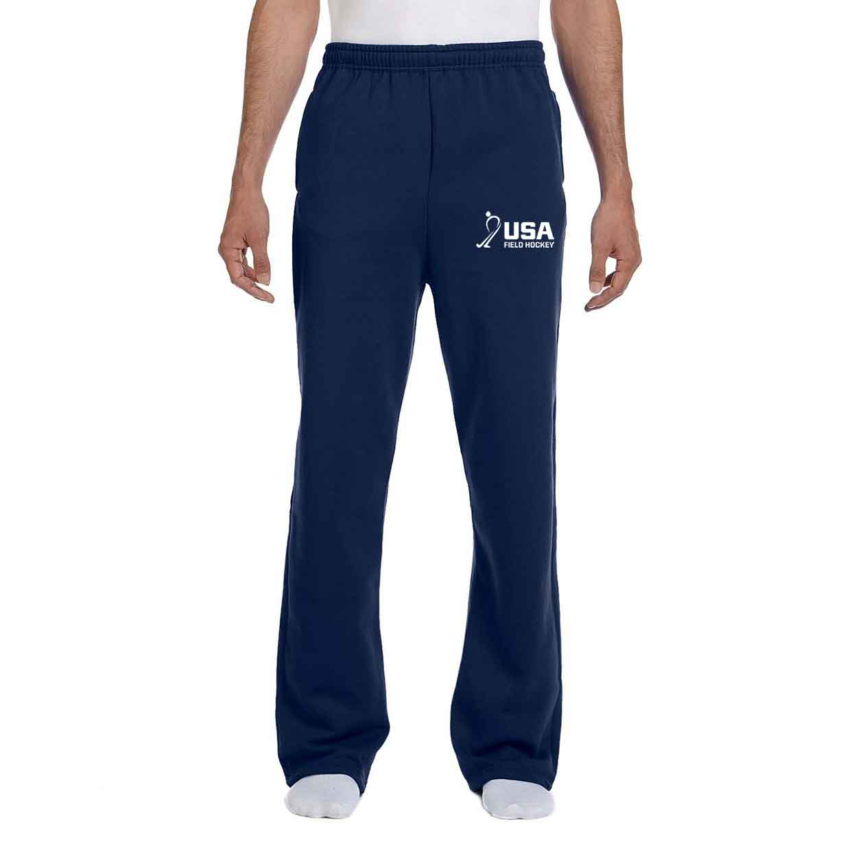 Front view of a model wearing the navy USA Field Hockey Unisex Open Bottom Sweatpants