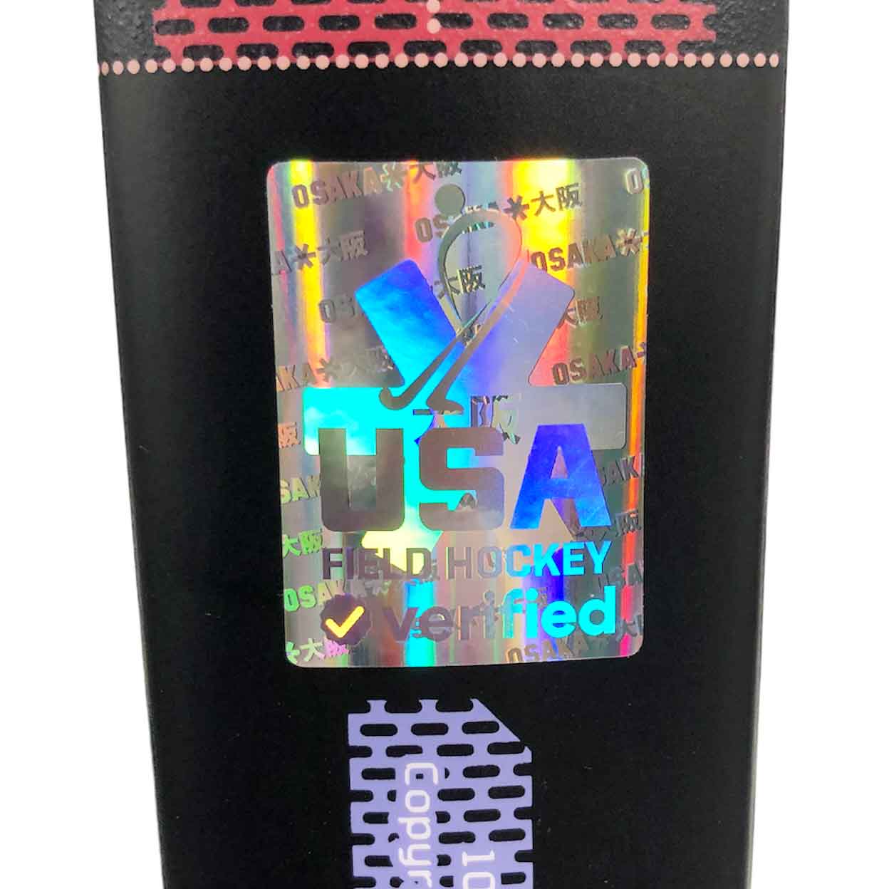 USA field hockey verified sticker on the Osaka Vision GF Indoor Composite Field Hockey Stick