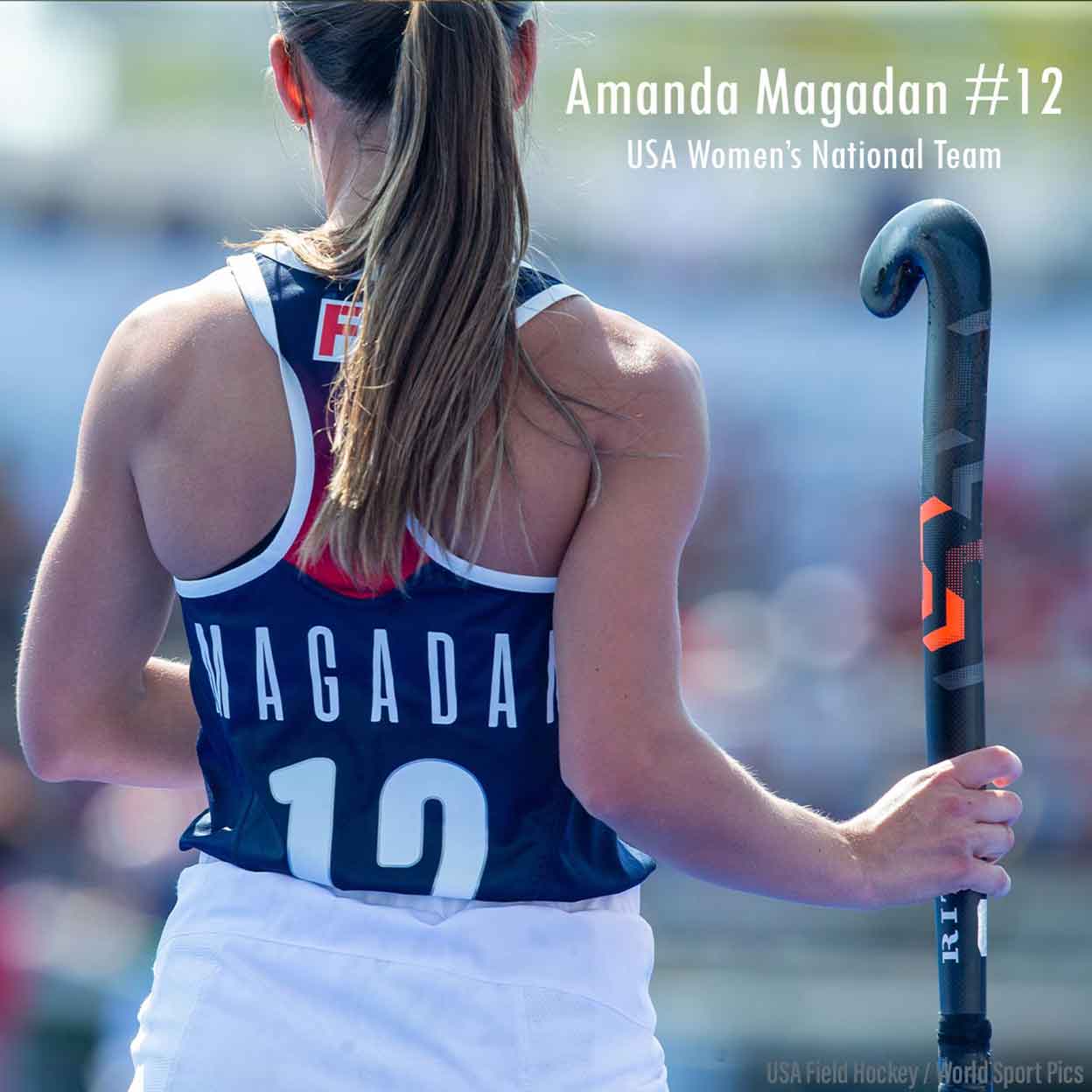 Amanda Magadan holding a Ritual Velocity 95 Composite Field Hockey Stick