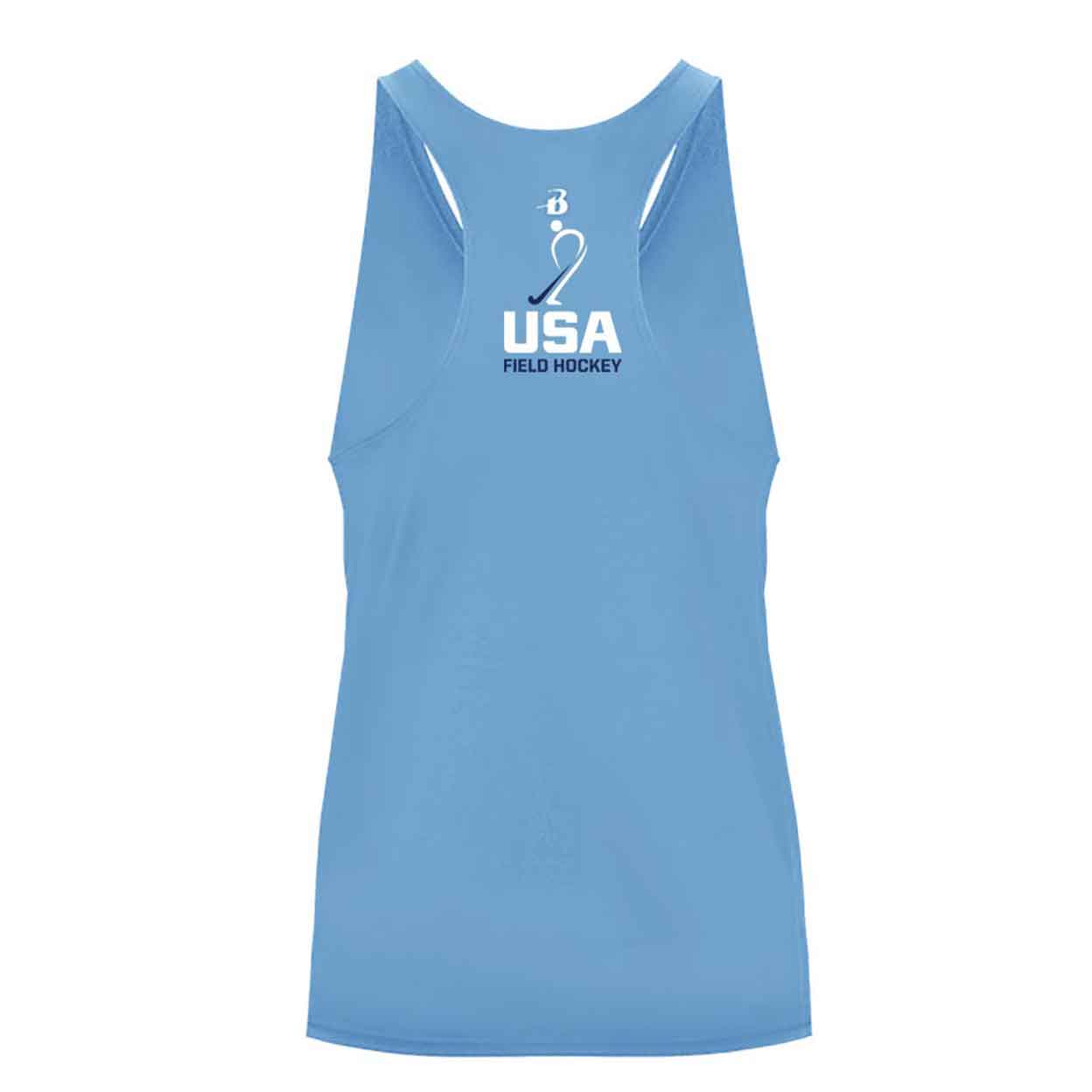 back of a light blue USA Field Hockey Performance Tank