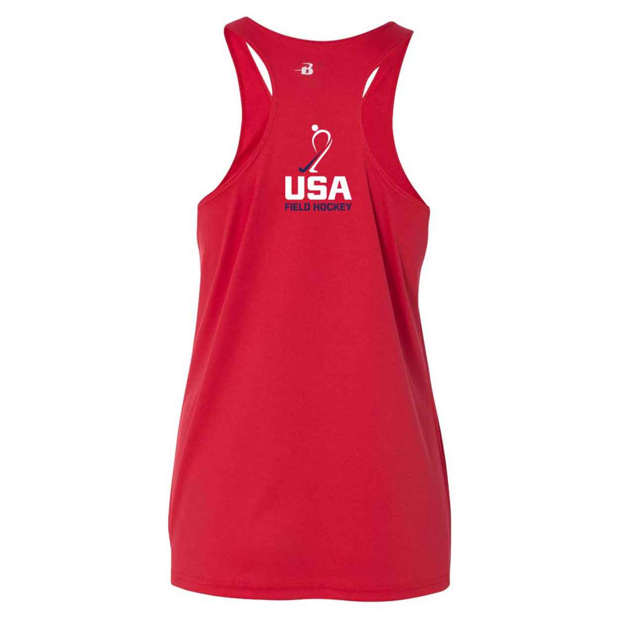 back of the red USA Field Hockey Performance Tank