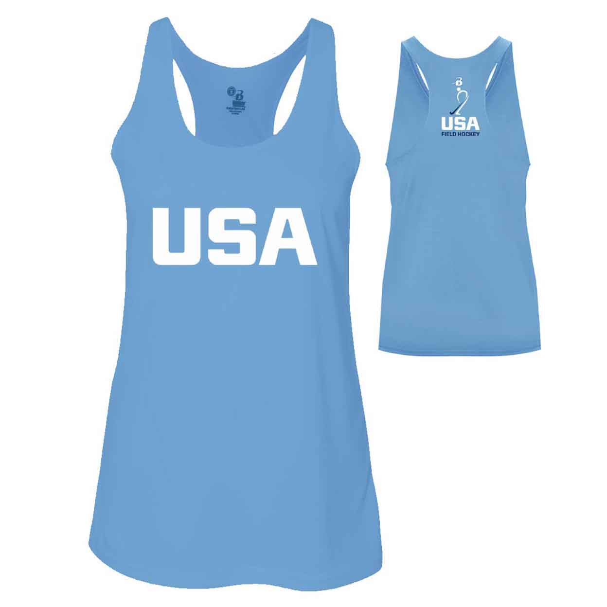 Front and back views of the light blue USA Field Hockey Performance Tank.