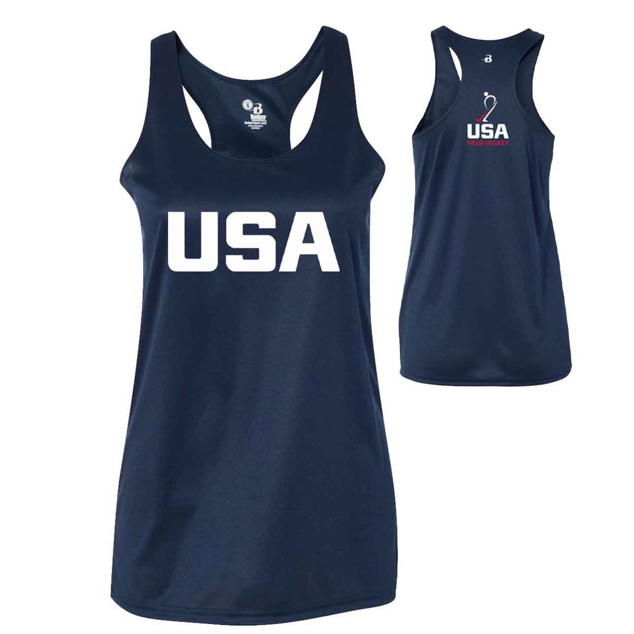 front and back views of the USA Field Hockey Performance Tank