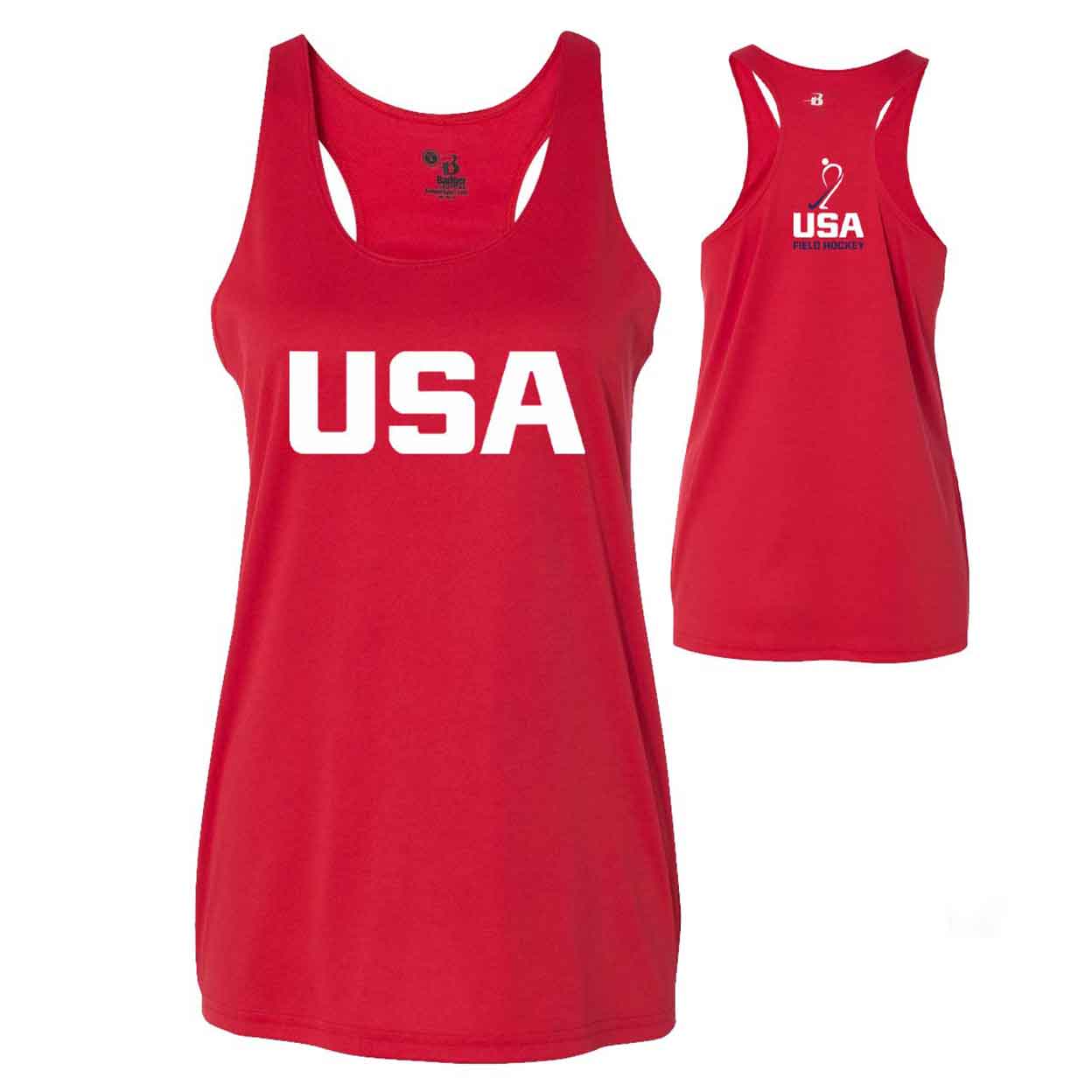 front and back views of the USA Field Hockey Performance Tank