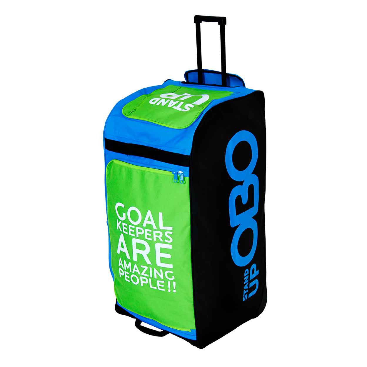 Left side of the OBO Wheelie Bag with handle up
