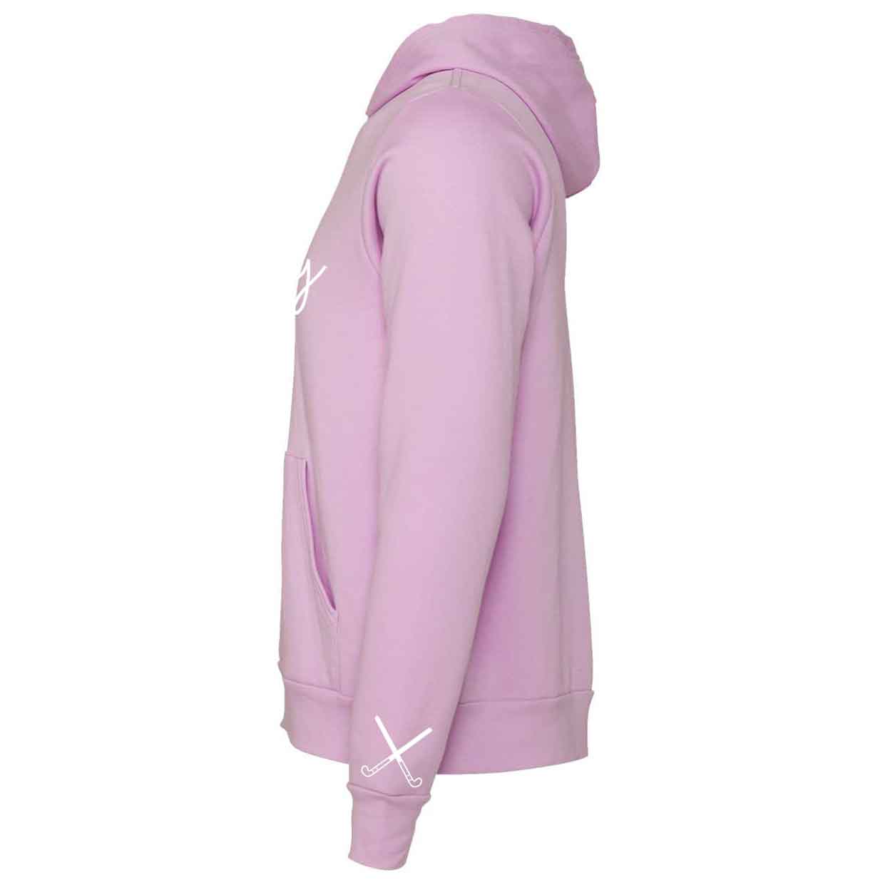 Side of the pink Field Hockey Unisex Pullover Hooded Sweatshirt.