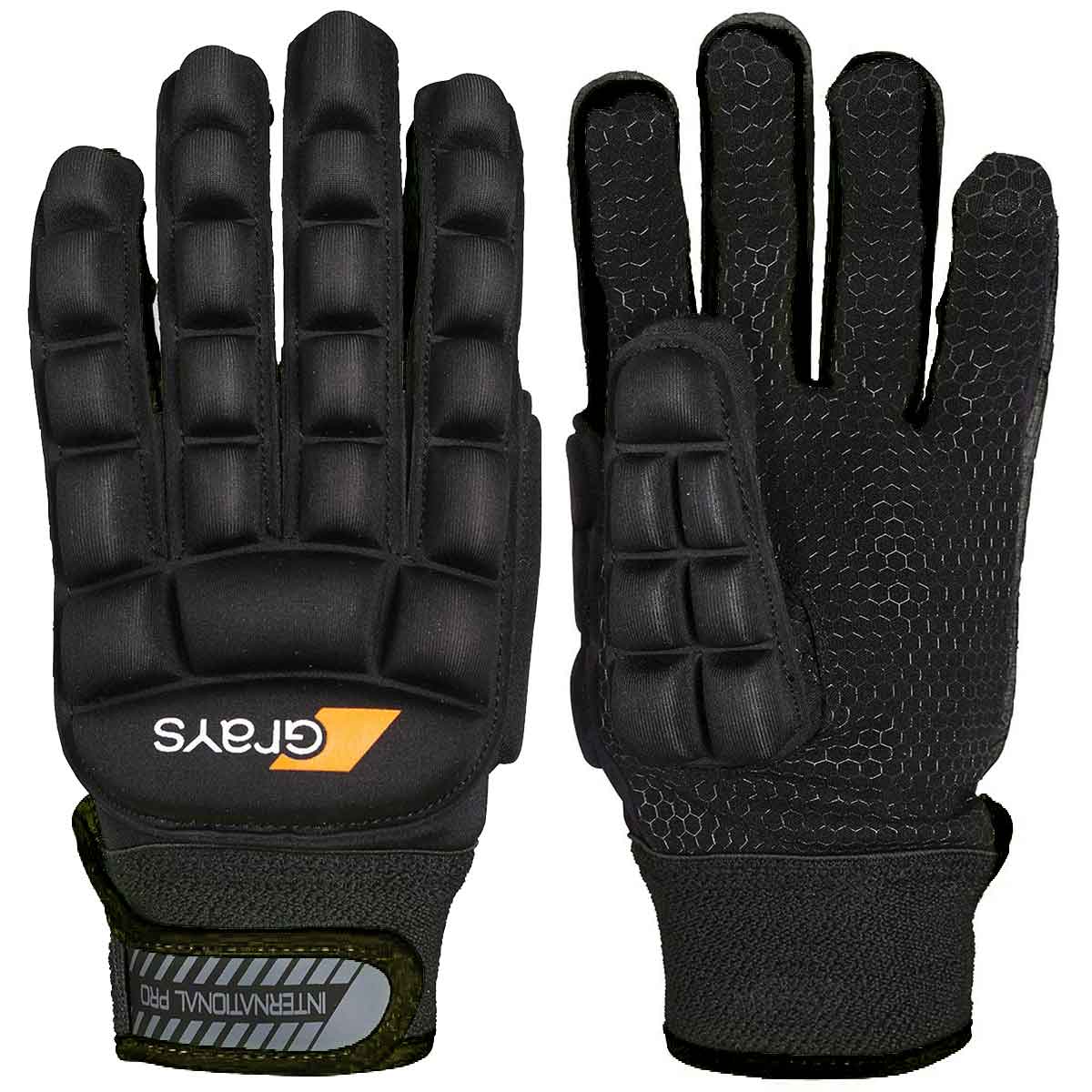 back and palm views of the black right hand Grays International Pro Field Hockey Glove