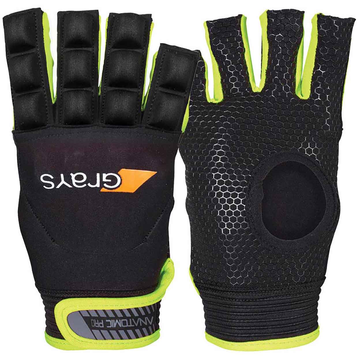 back and palm views of the pink and black right hand Grays Anatomic Pro Field Hockey Glove