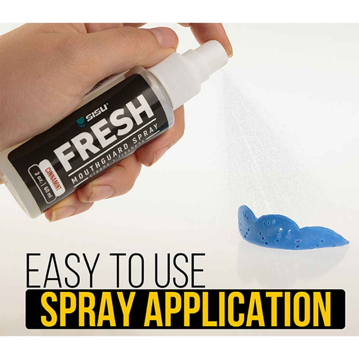 hand spraying a mouth guard with the SISU Fresh Mouthguard Spray