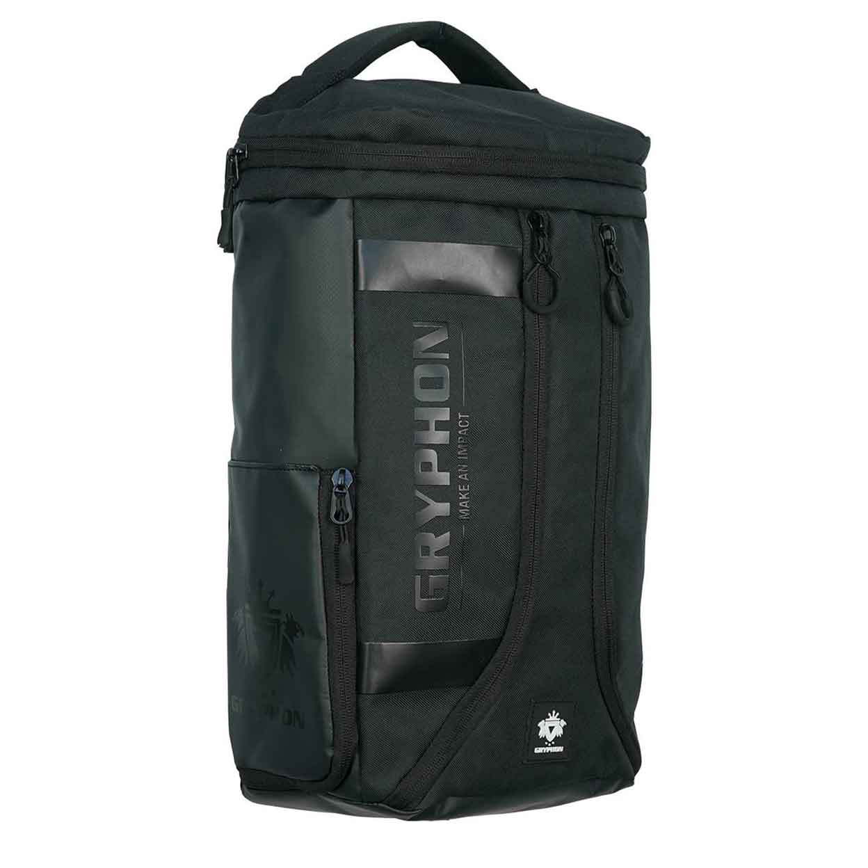 right side angled view of the black Gryphon Mini Freddie Backpack