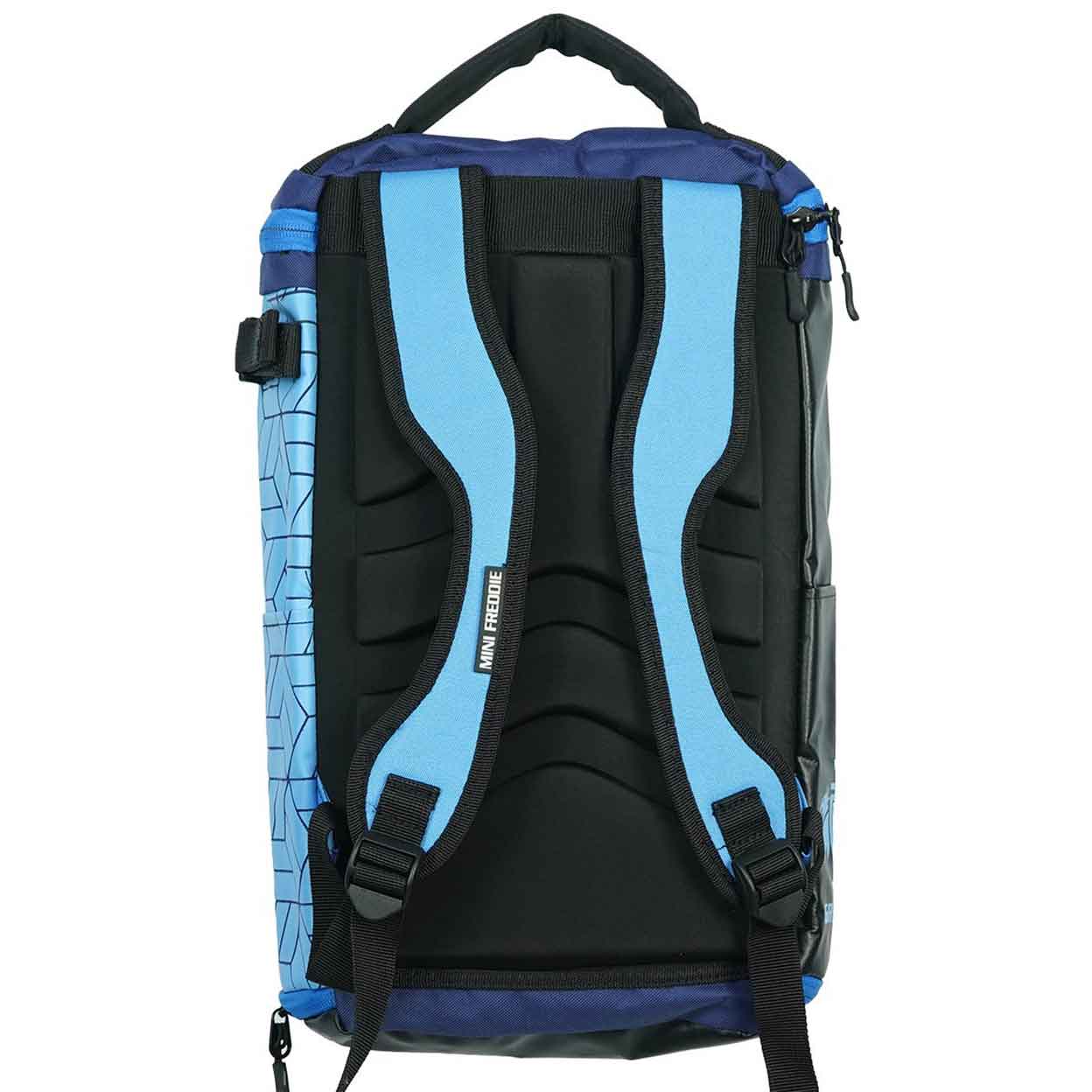 back of the light blue Gryphon Mini Freddie Backpack