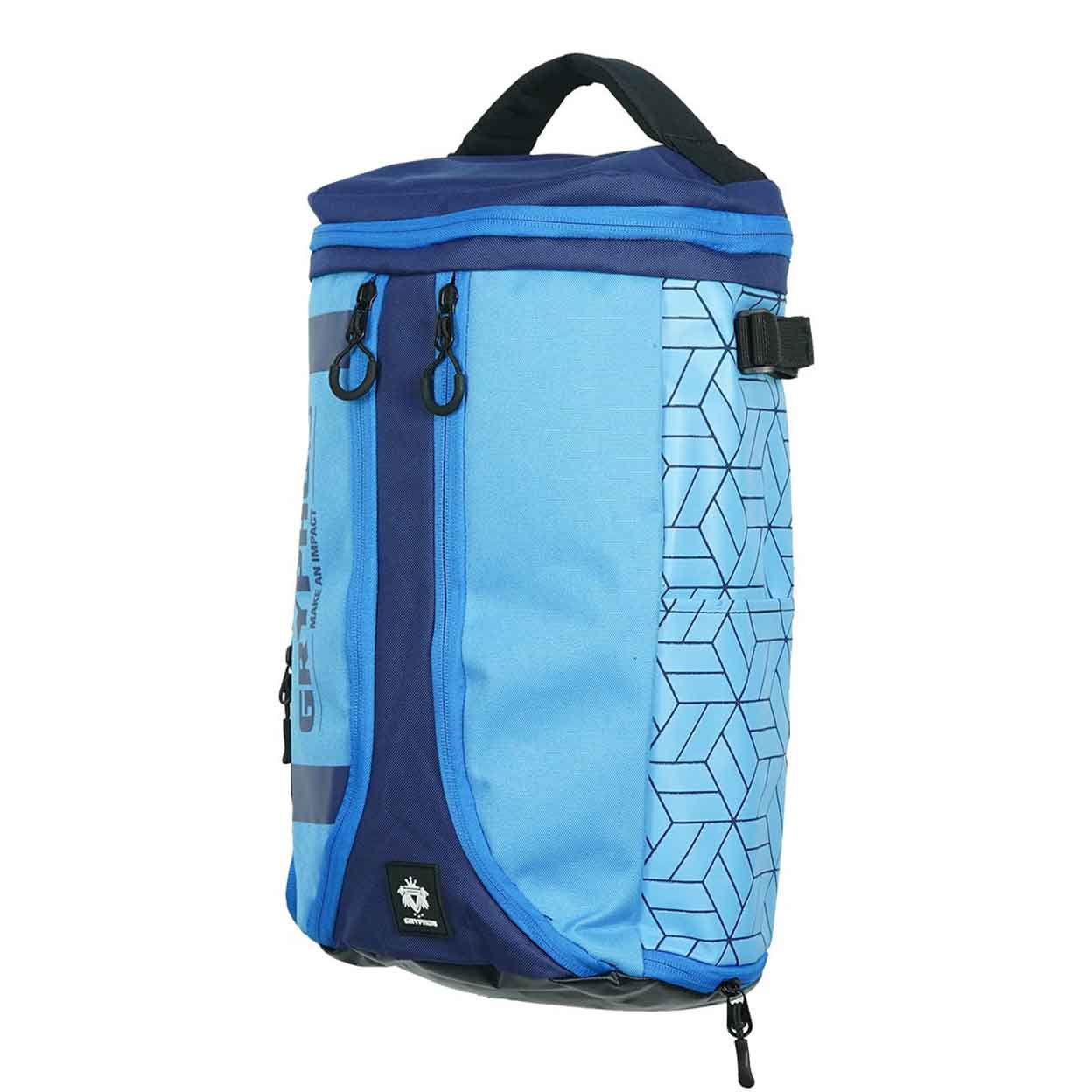 left side view of the blue Gryphon Mini Freddie Backpack