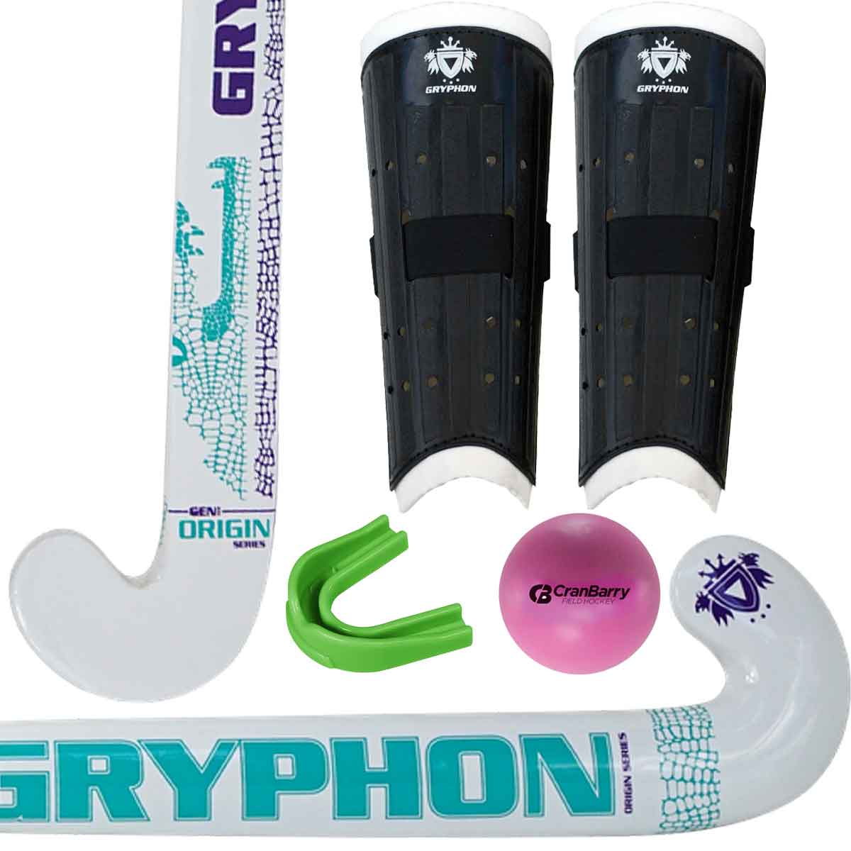 White Gryphon Youth Wood Field Hockey Stick Package with Shins, ball, and mouth guard