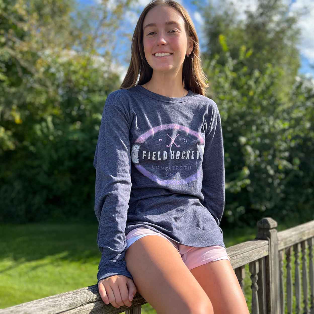 Girl wearing a Field Hockey Tri-Blend Long Sleeve Tee