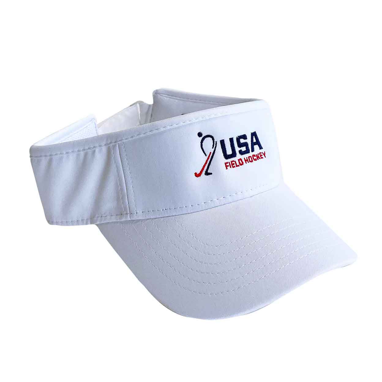White USA Field Hockey Visor With Embroidered Logo centered.