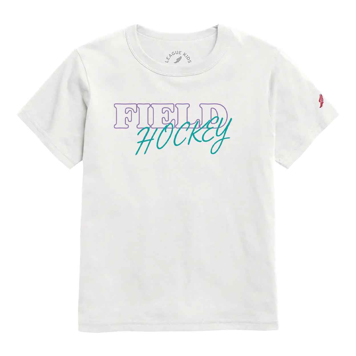 front of this white t-shirt features the text field hockey.