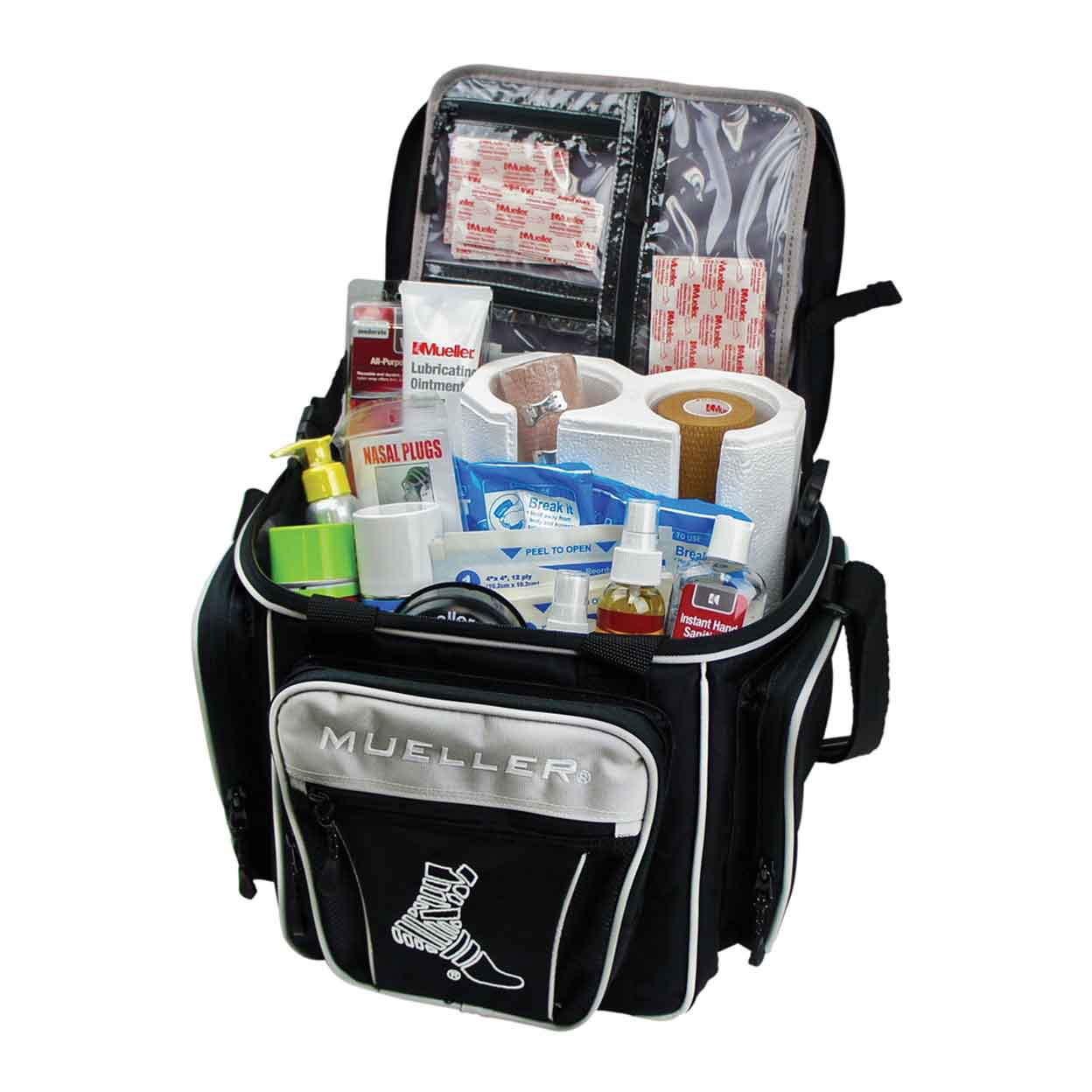 an open Mueller Hero Protege Complete First Aid Kit showing the contents