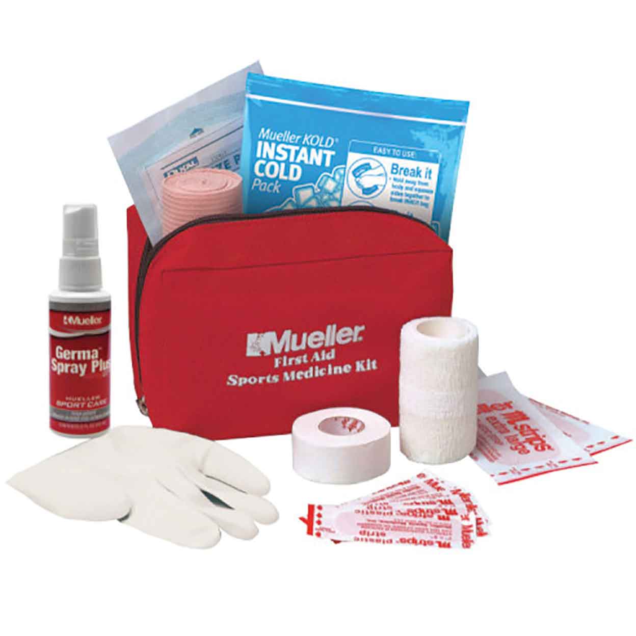 an opened Mueller First Aid Kit showing the contents