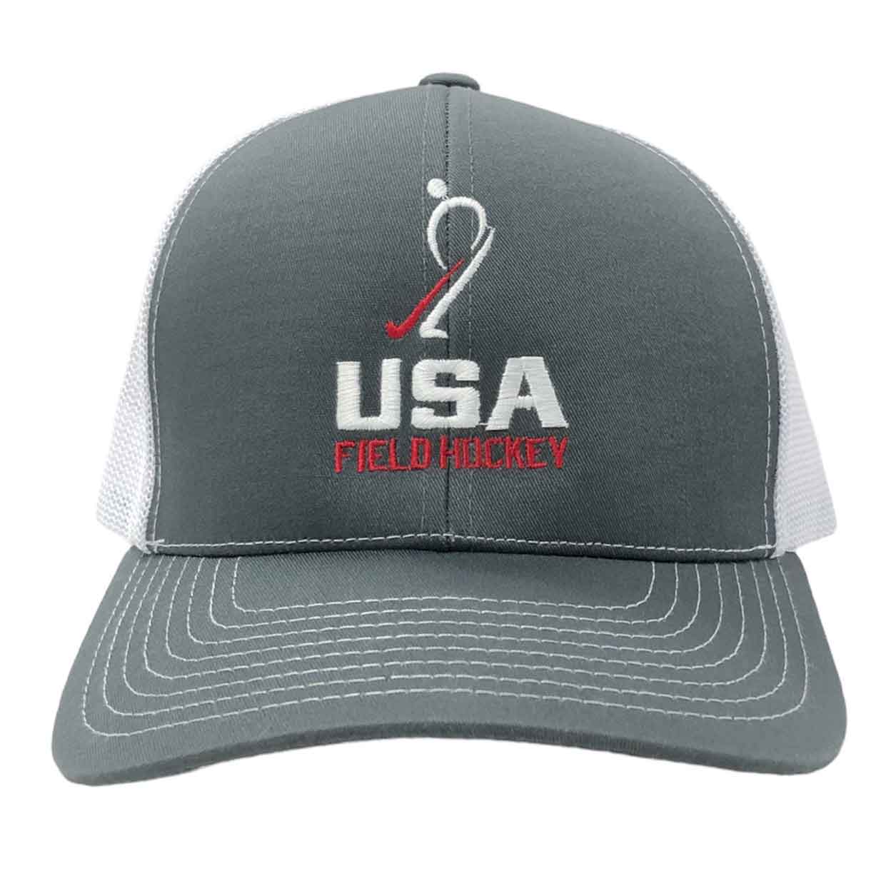 front of a dark gray and white USA Field Hockey Trucker Snapback Hat