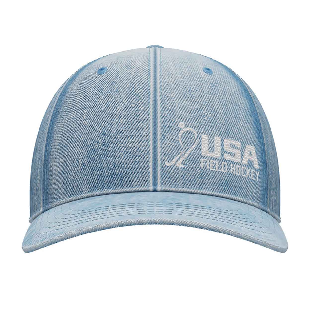 front view of the USA Field Hockey Hybrid Blue Denim Hat