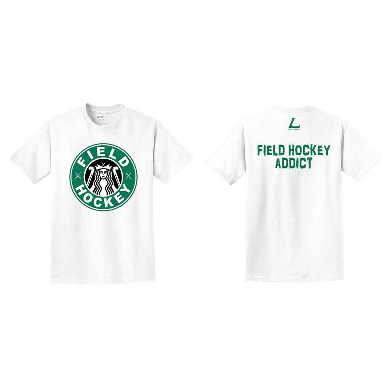 front and back of the Field Hockey Addict Unisex Tee