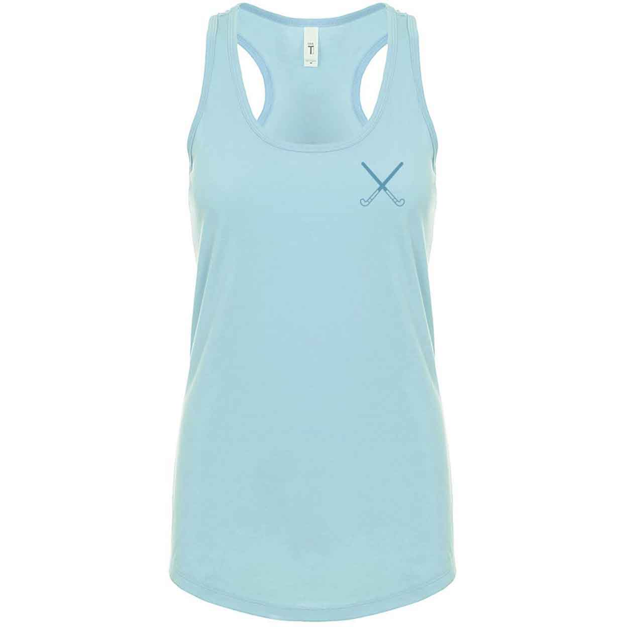 front of the light blue Field Hockey Racerback Tank