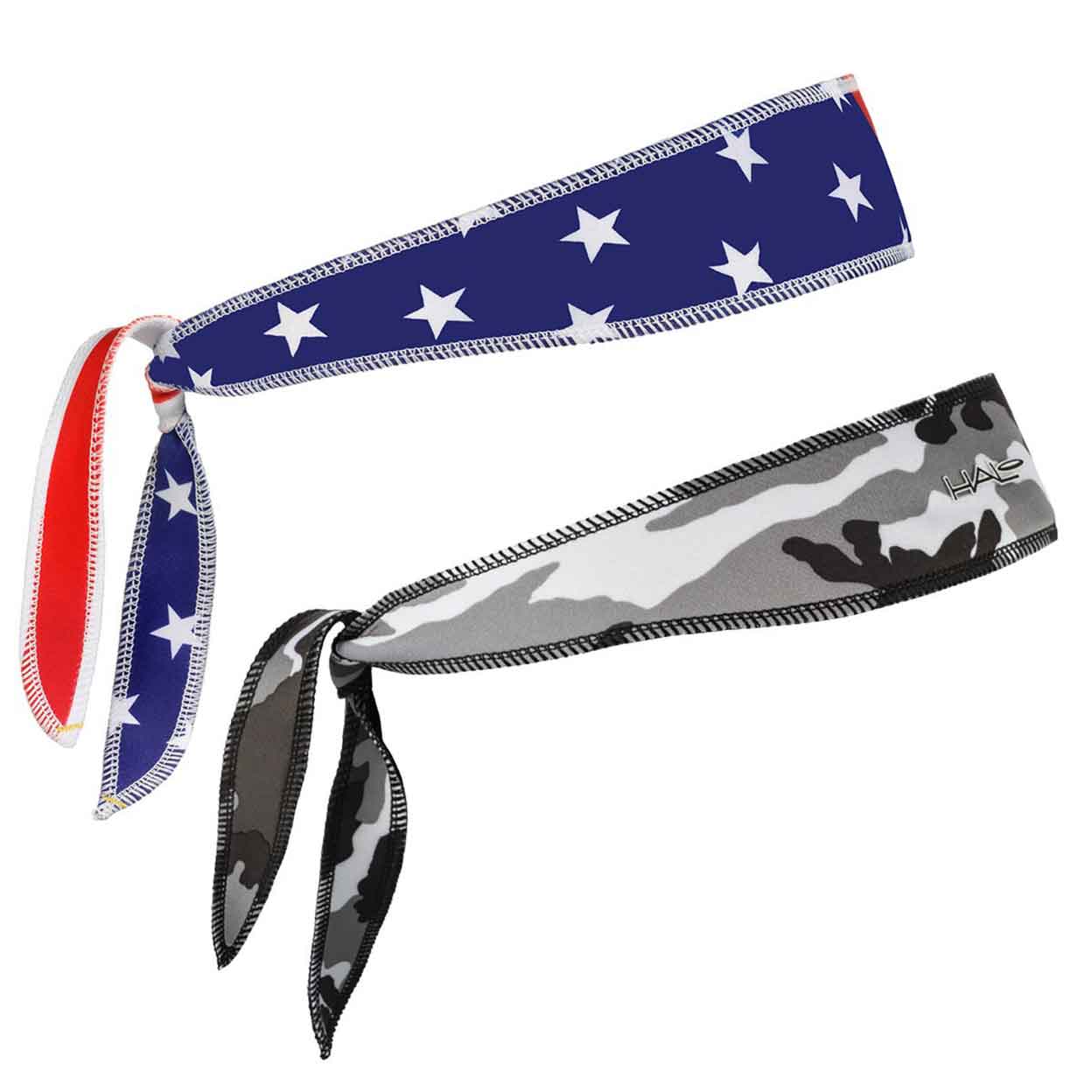 image showing two Switchback Printed Halo I Tie Headbands one USA Flag and the other grey camo.