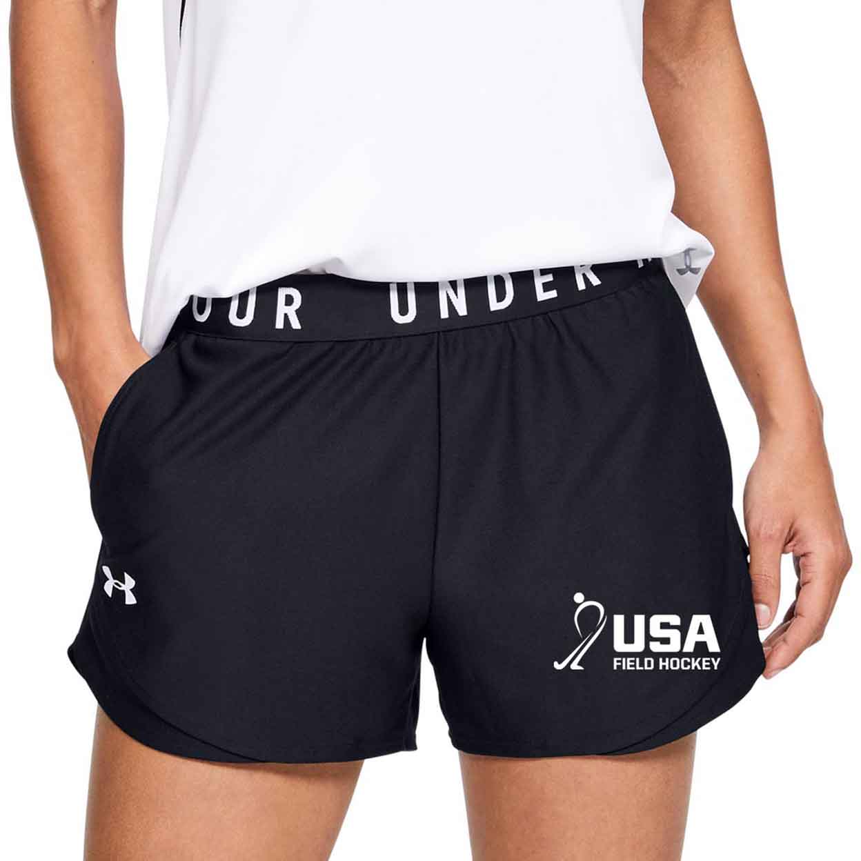 closeup of person wearing the USA Under Armour Ladies Play Up Shorts with hand in one pocket.