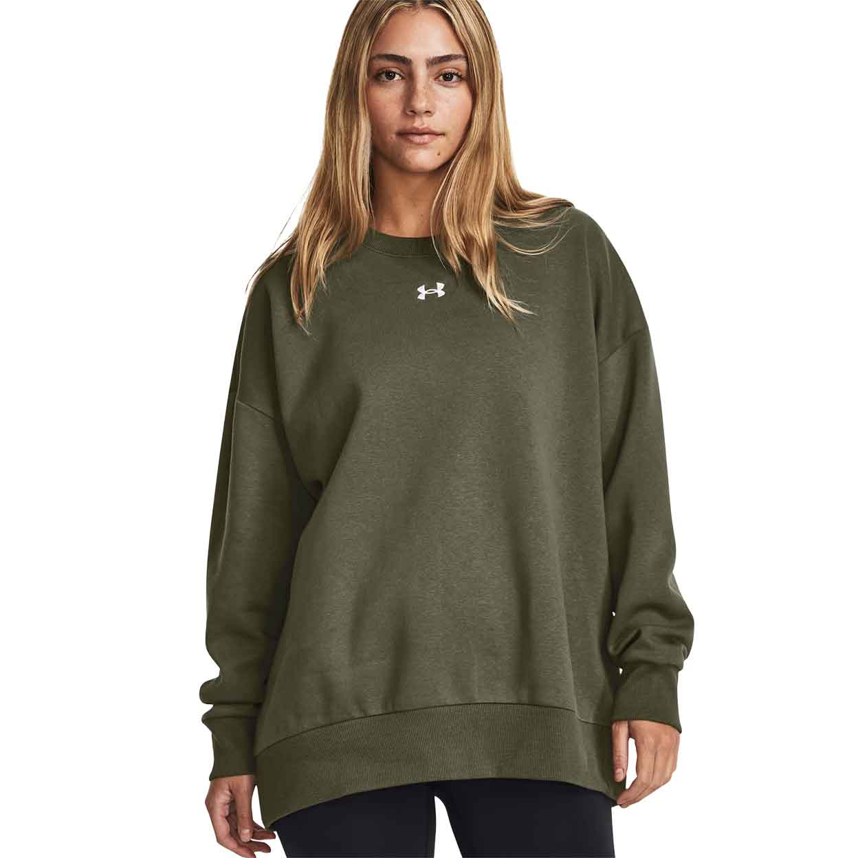model wearing the green Under Armour Rival Fleece Crew with hands at her sides.